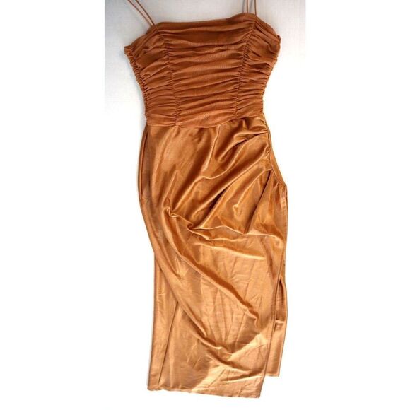 ASOS DESIGN Women's Sz 4 Gold Mesh Ruched Cami Drape Satin Midi Dress - Picture 6 of 14